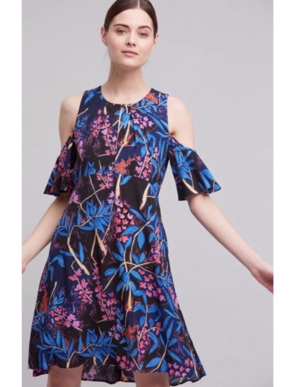 Anthropologie Maeve Elia Blue Floral Cold Shoulder Dress